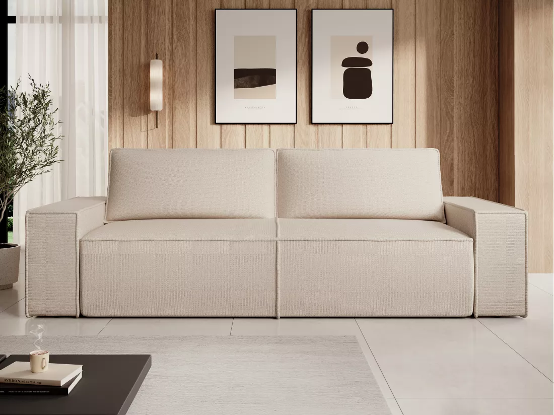 Canapé 4 places convertible en tissu texturé beige AMELIA