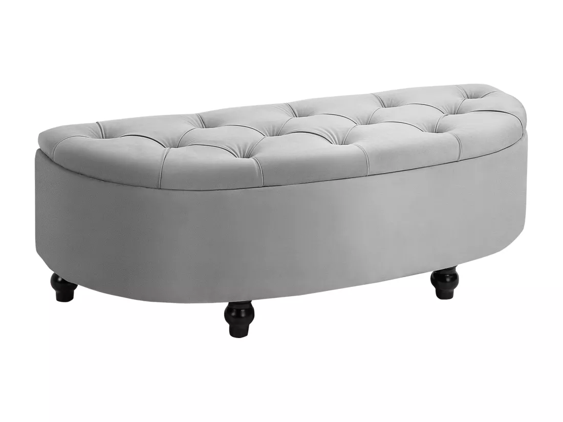 Pouf de rangement coffre 2 en 1 - pouf design classique chic capitonné demi-cercle - pieds bois hévéa noir revêtement velours gris