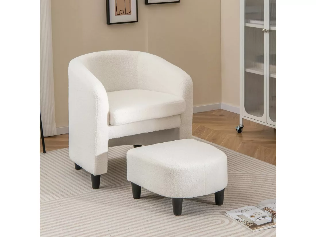 Fauteuil de Salon en Tissu Bouclette avec Repose-Pieds, Fauteuil Rembourré en Forme de Tonneau avec Cadre en Bois Massif, Fauteuil d'Appoint en Velours Teddy, Charge 150 KG(Style 2,Beige)