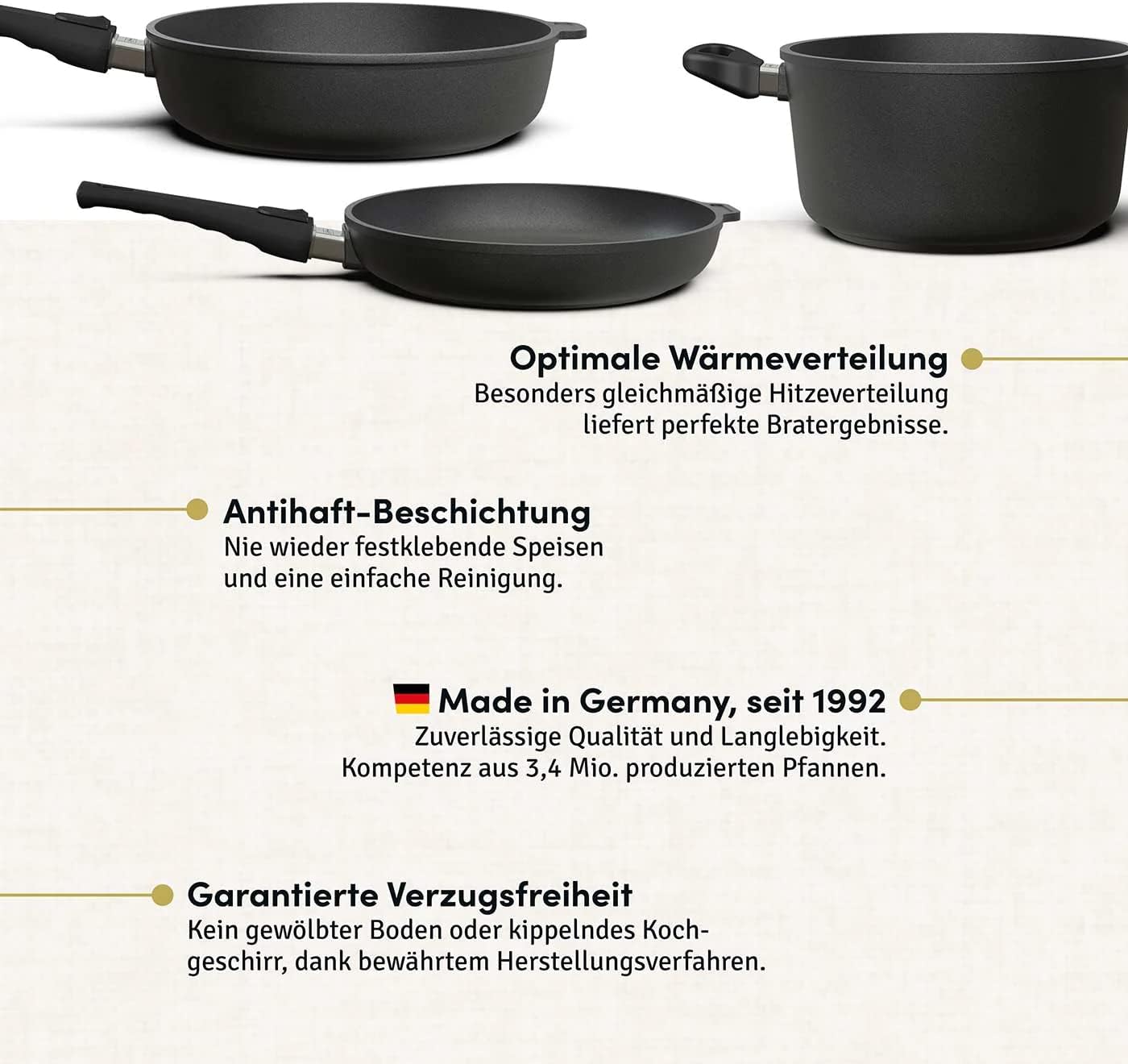Hoffmann Aluguss Topf und Pfannenset mit Glasdeckel und abnehmbarem Stiel, 6-teilig I Für alle Herdarten auch Induktion I Made in Germany 100% verzugsfrei