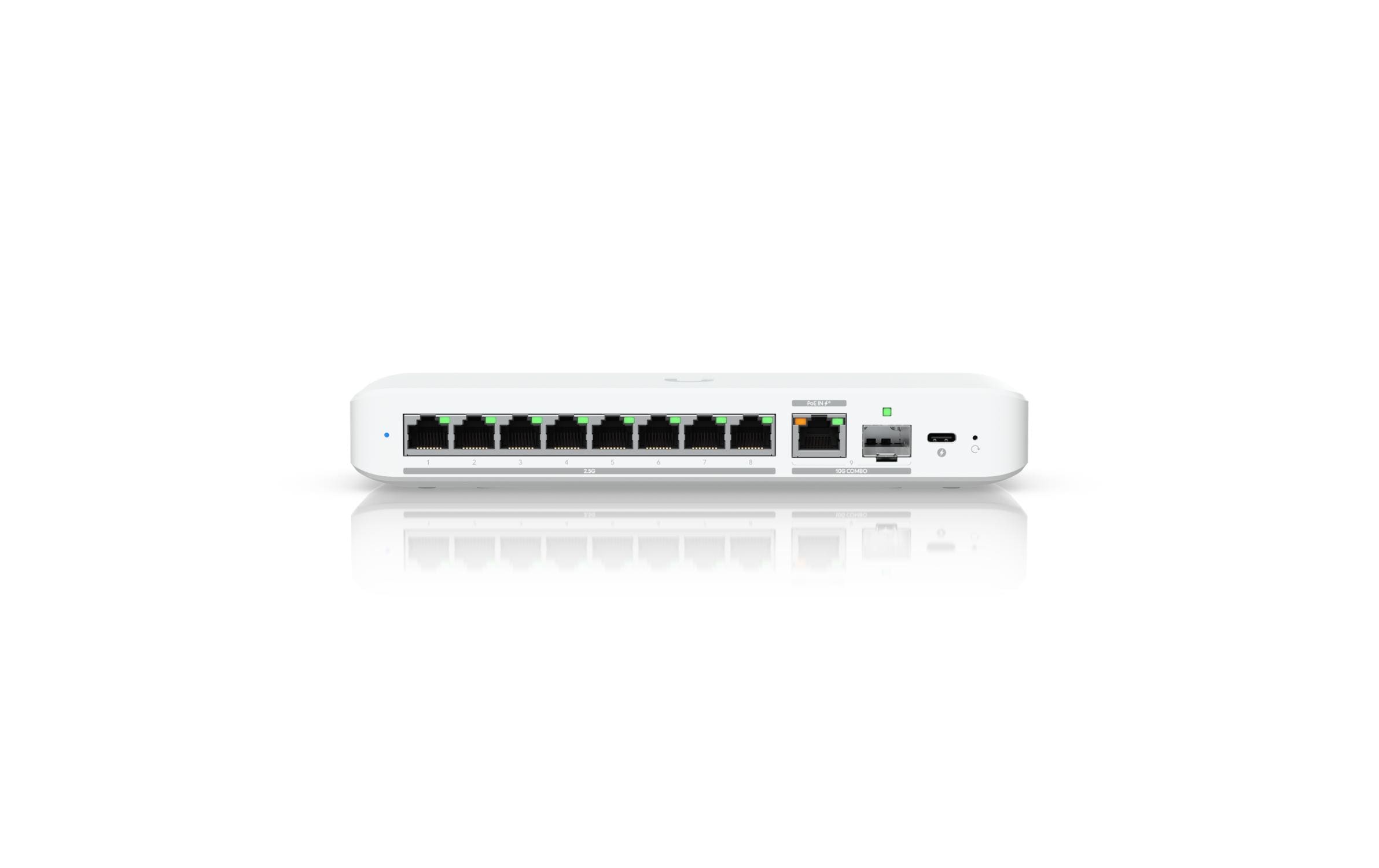 Switch UniFi Flex 2.5G 9 Port<br>Kompakter 8-Port 2.5-GbE-Switch mit 10-GbE-RJ45/SFP+-Uplink und flexibler Stromversorgung über USB-C oder PoE+