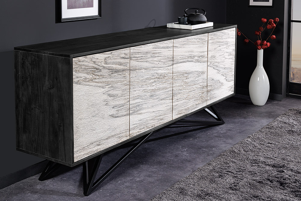 Massivholz Sideboard MOUNTAIN SOUL 175cm weiß schwarz Akazie echter Naturstein