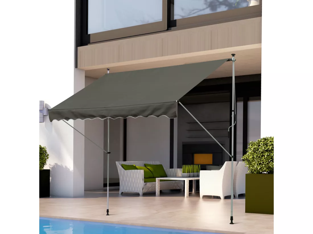 Store banne manuel rétractable 3L x 1,5l m inclinaison et hauteur réglable installation rapide métal alu polyester anti-UV gris