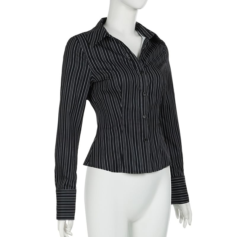 BrickBlack - Blouse met lange mouwen, kraag, strepen en knoopjes, slim fit