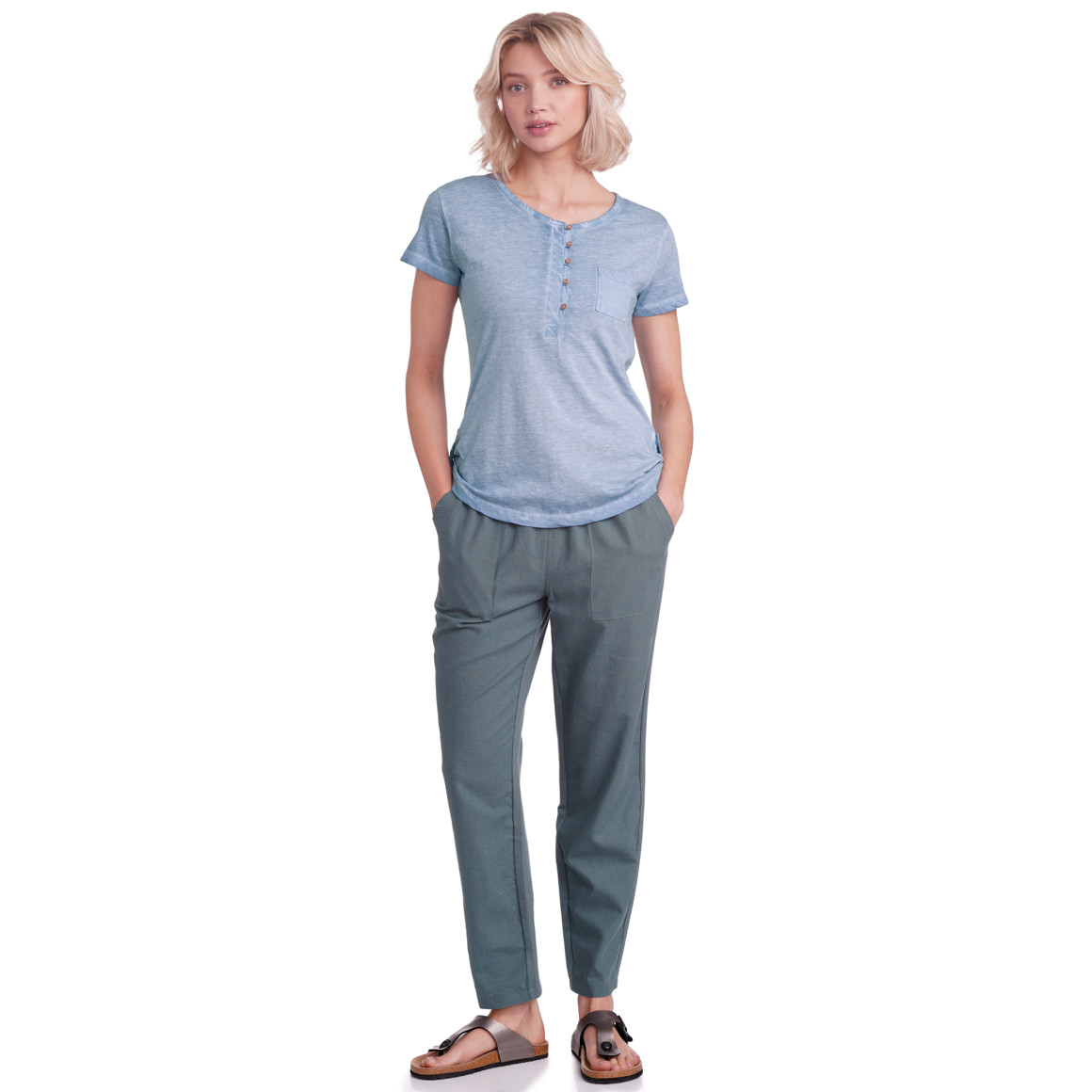 Gina Damen T-Shirt mit Knopfleiste blau
