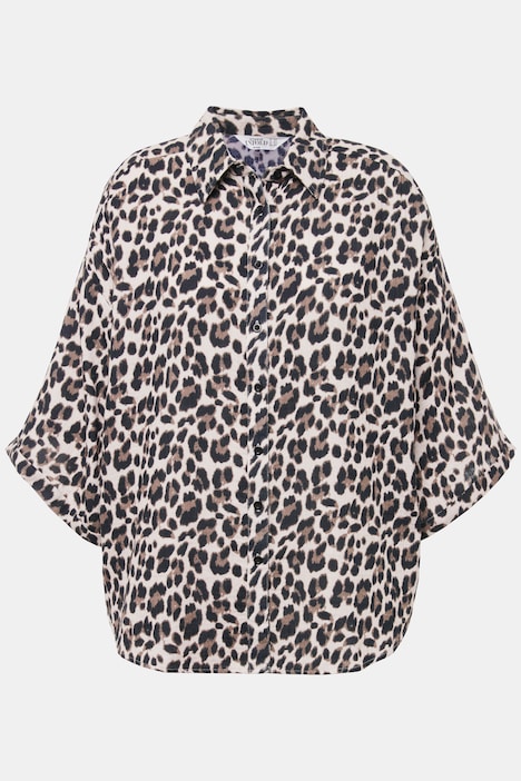 Bluse, oversized, Musselin, Leo, Hemdkragen, Halbarm