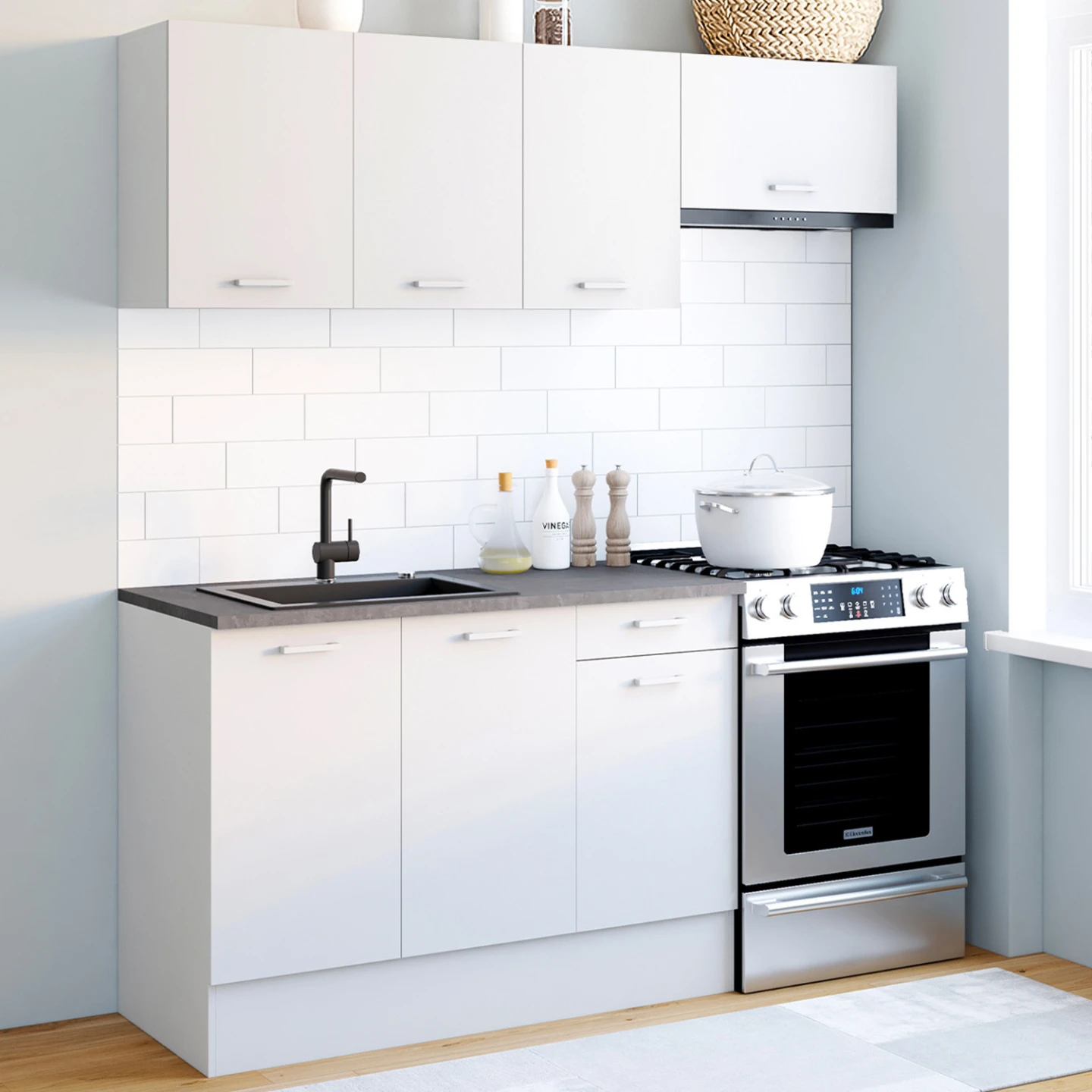 Cuisine complète 180 cm SUBTIL avec plan de travail 5 éléments blanc et plateaux béton