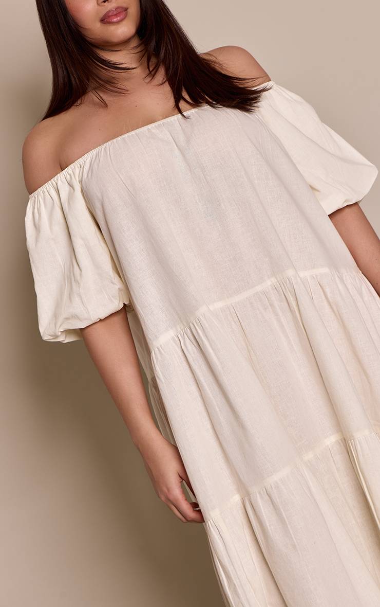 Crème Robe Maxi Grande Taille À Encolure Bardot Étagée Effet Lin