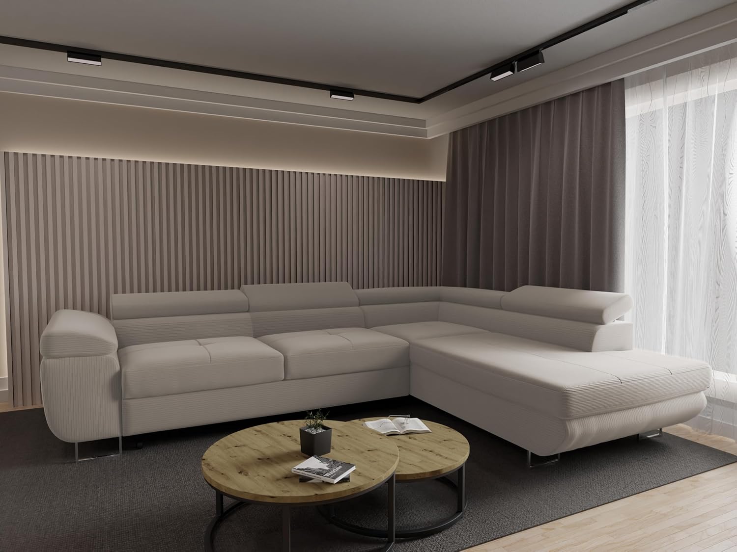 Ecksofa Luna mit Schlaffunktion und Bettkasten – 275x202 cm – verstellbare Kopfstützen – Liegefläche 193x125 cm – Couch – Schlafsofa – L-Sofa mit Stauraum (Poso 100 Beige, Seite: Rechts)