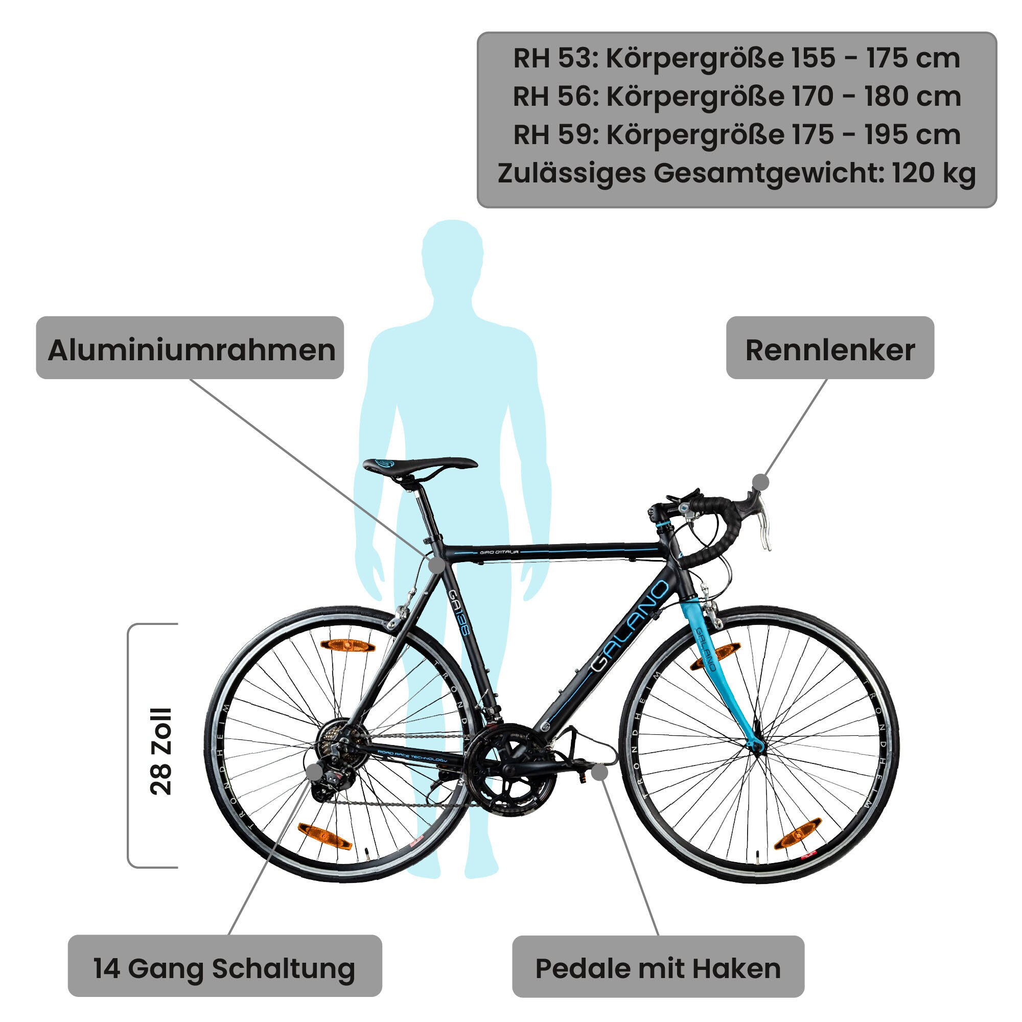 Galano Giro D'Italia Rennrad 28 Zoll Damen Herren 155 - 195 cm Fahrrad 14 Gänge Fitnessrad