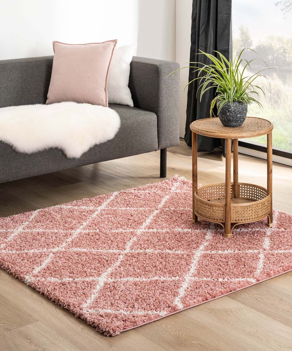 Boho&me Vierkant hoogpolig vloerkleed ruiten Habitat - roze|wit -