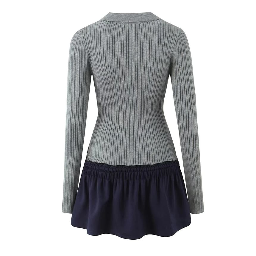 Asiris - Mock Two-Piece Long-Mouw Polo-Neck Two-Tone Ribbed Mini A-Line Jurk