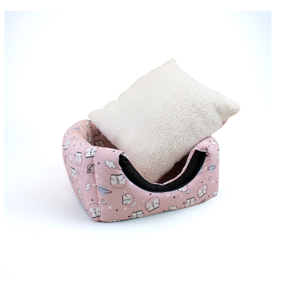 Cama em forma de caverna com estampa de quadrinhos rosa da Leeby para gatos.