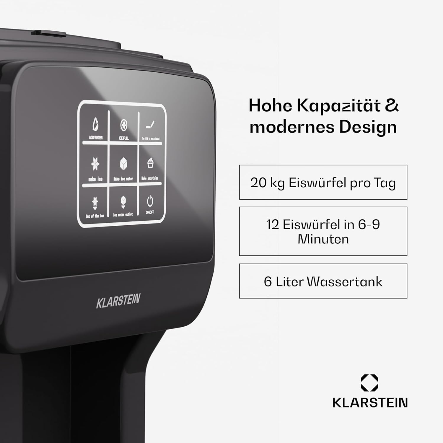 Klarstein ArcticBlend 3in1 Eiswürfelmaschine – 20 kg/24 h, Kugeleis & Crushed Ice, Wasserspender, 6-Liter-Wassertank, Edelstahl, Eiswürfelbereiter, Ice Maker, Dunkelgrau