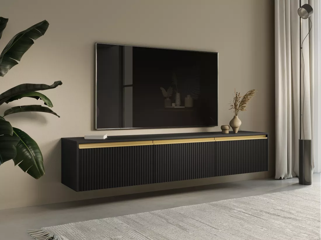 Meuble TV suspendu ou à poser avec 3 portes en MDF - Noir et doré - POSINIA de Pascal MORABITO
