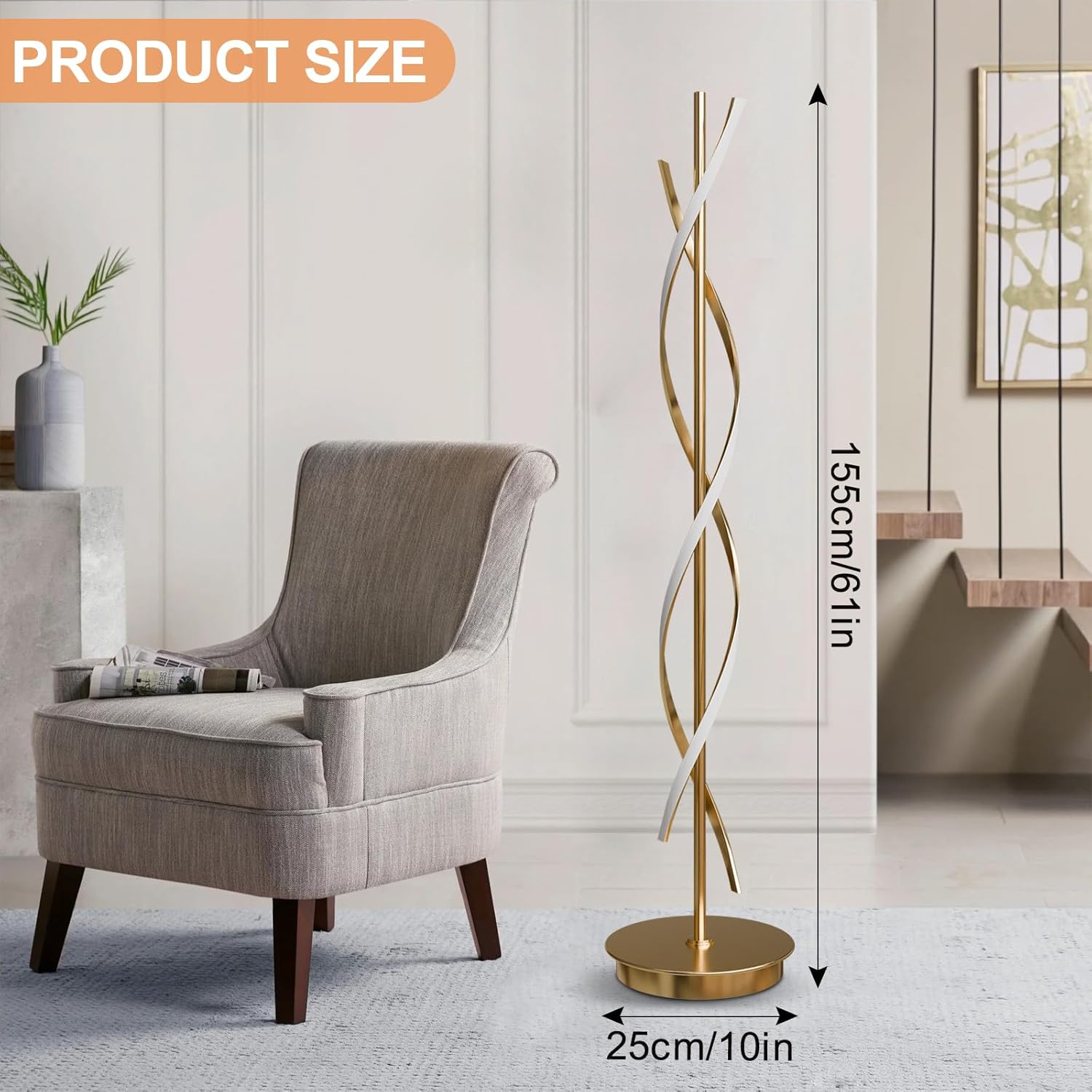 LED Stehlampe Dimmbar Modern Spirale mit Fernbedienung für Deko Schlafzimmer Kinderzimmer, 155cm, Gold