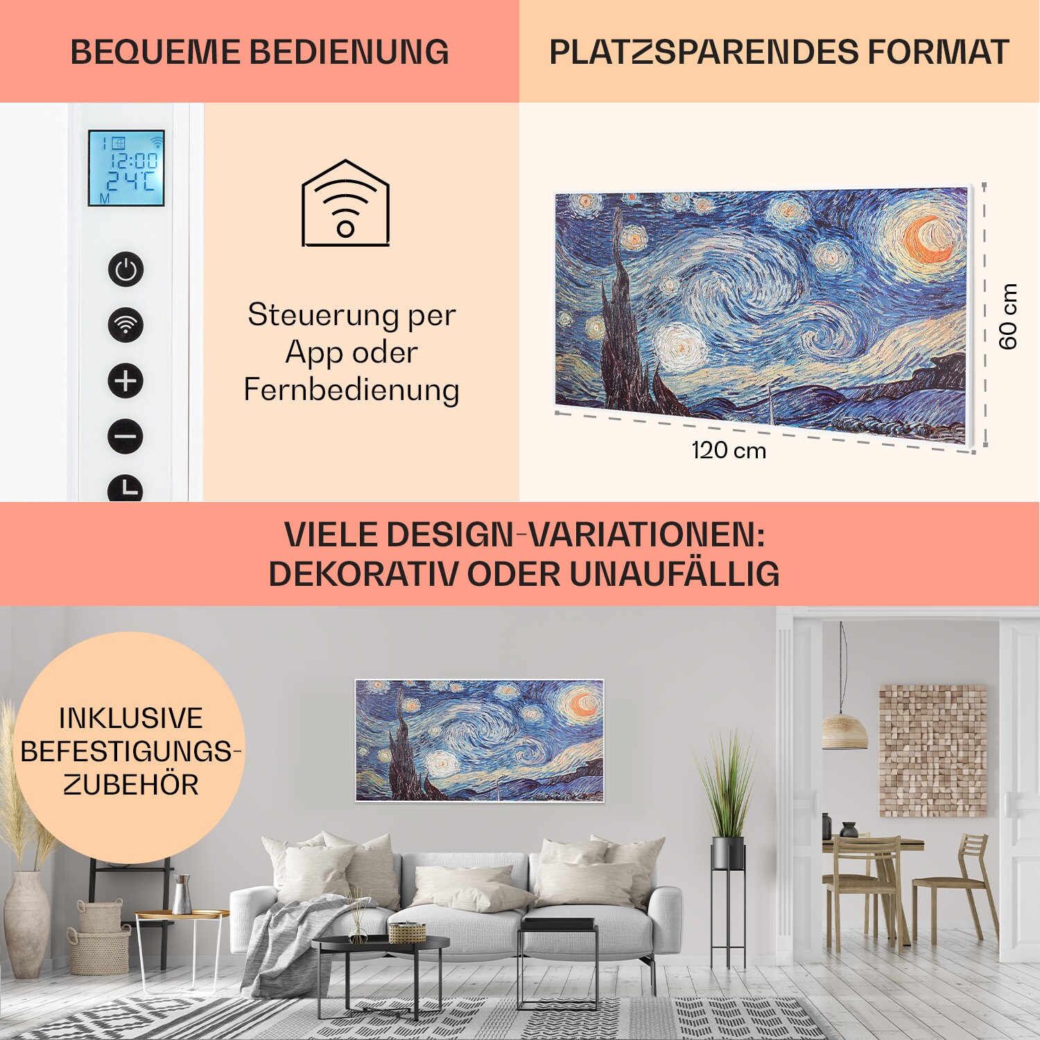 Wonderwall Air Art Smart Infrarotheizung 120x60cm 700W Wandinstallation App-Steuerung Sternennacht