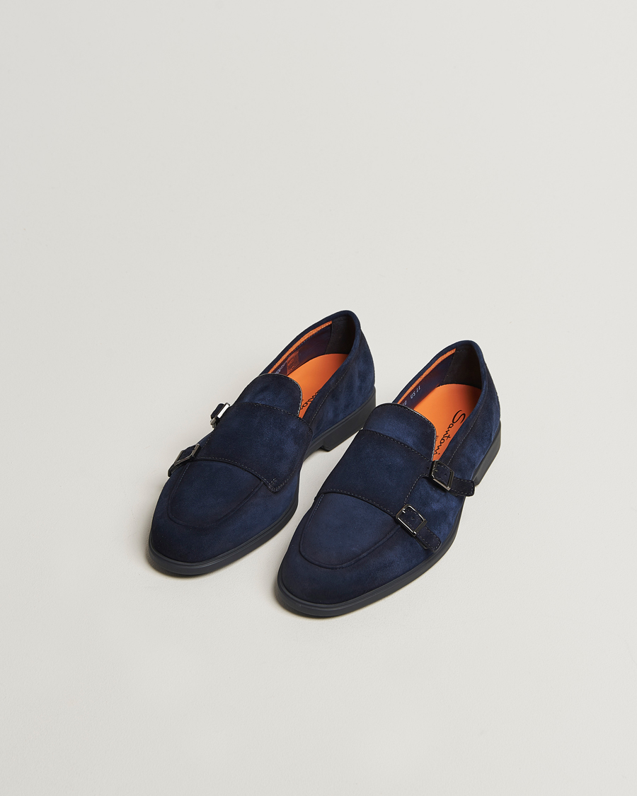 Santoni Malibu Double Buckle Loafers Navy Suede