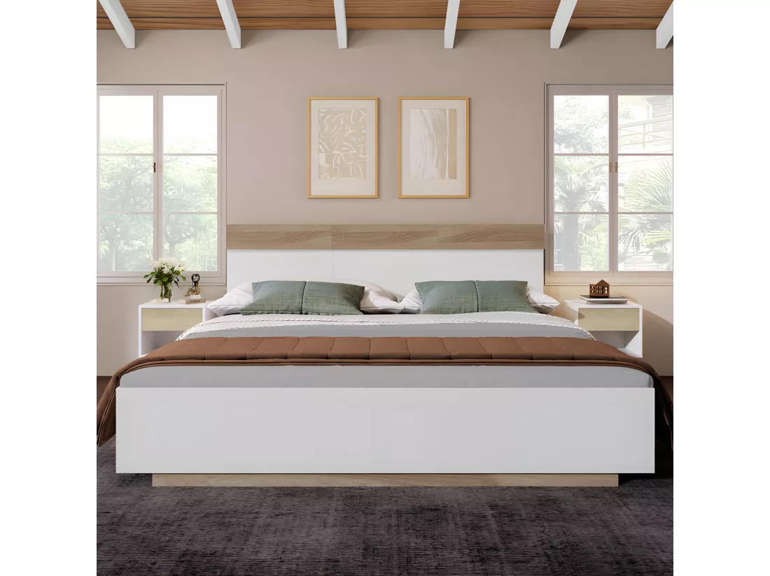 Lit adulte 180x200cm - lit flottant avec sommier à lattes - cadre en bois - blanc