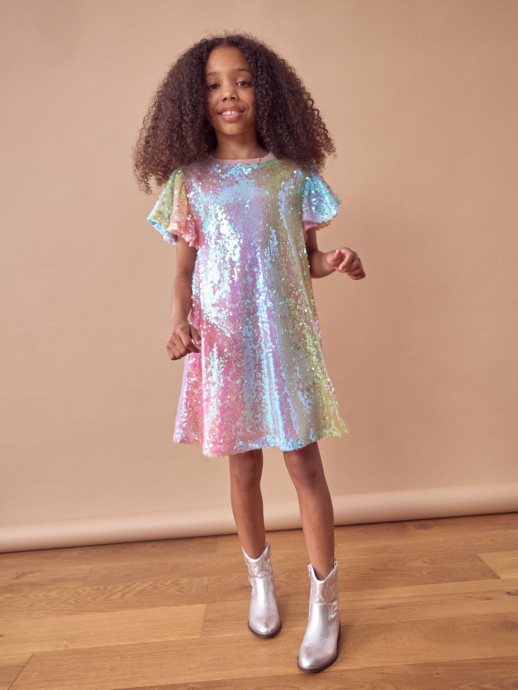 Roze/blauw/groene regenboog - Feestelijk jurkje met glimmende pailletten (3-16 jr)