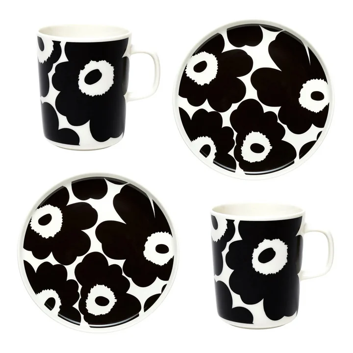 Marimekko - Oiva Unikko Becher mit Henkel & Teller, weiss / schwarz (4er-Set)