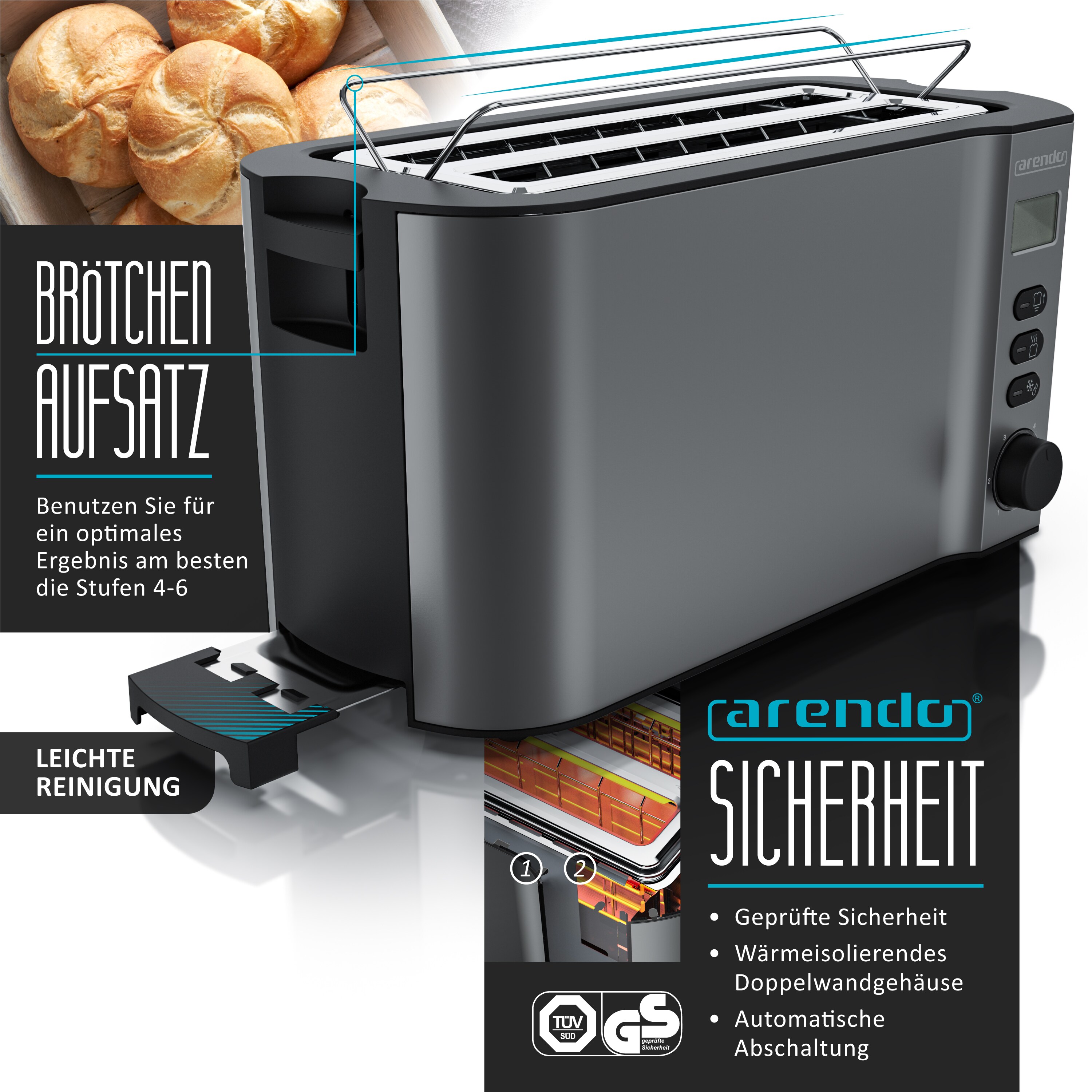 Arendo 2-teiliges Frühstücks-Set, Langschlitztoaster 4 Scheiben & Edelstahl Wasserkocher 1,5L, Grau
