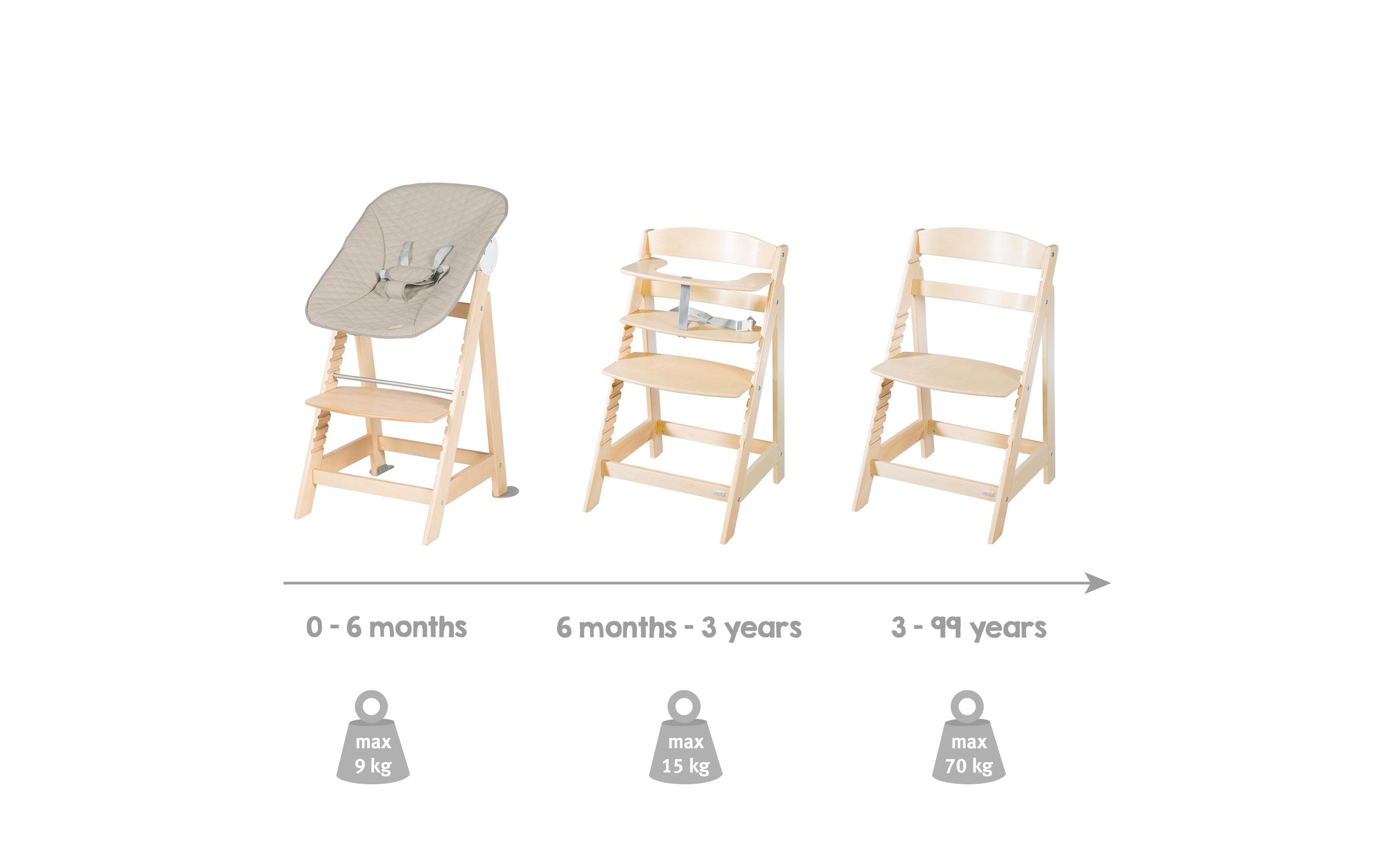 Treppenhochstuhl Born up Set 2-in-1 Natur, Greyish gesteppt<br>Hochstuhl mit Liegefunktion