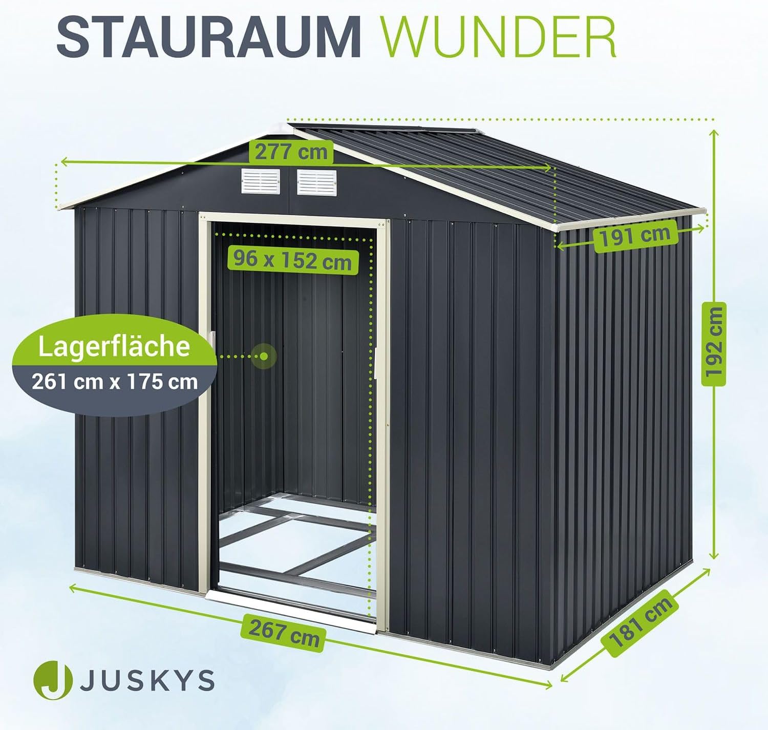 Juskys Metall Gerätehaus XL 9m³ mit Satteldach, Schiebetür & Fundament - 277 x 191 x 192 cm - anthrazit - Geräteschuppen Gartenhaus Metallgerätehaus