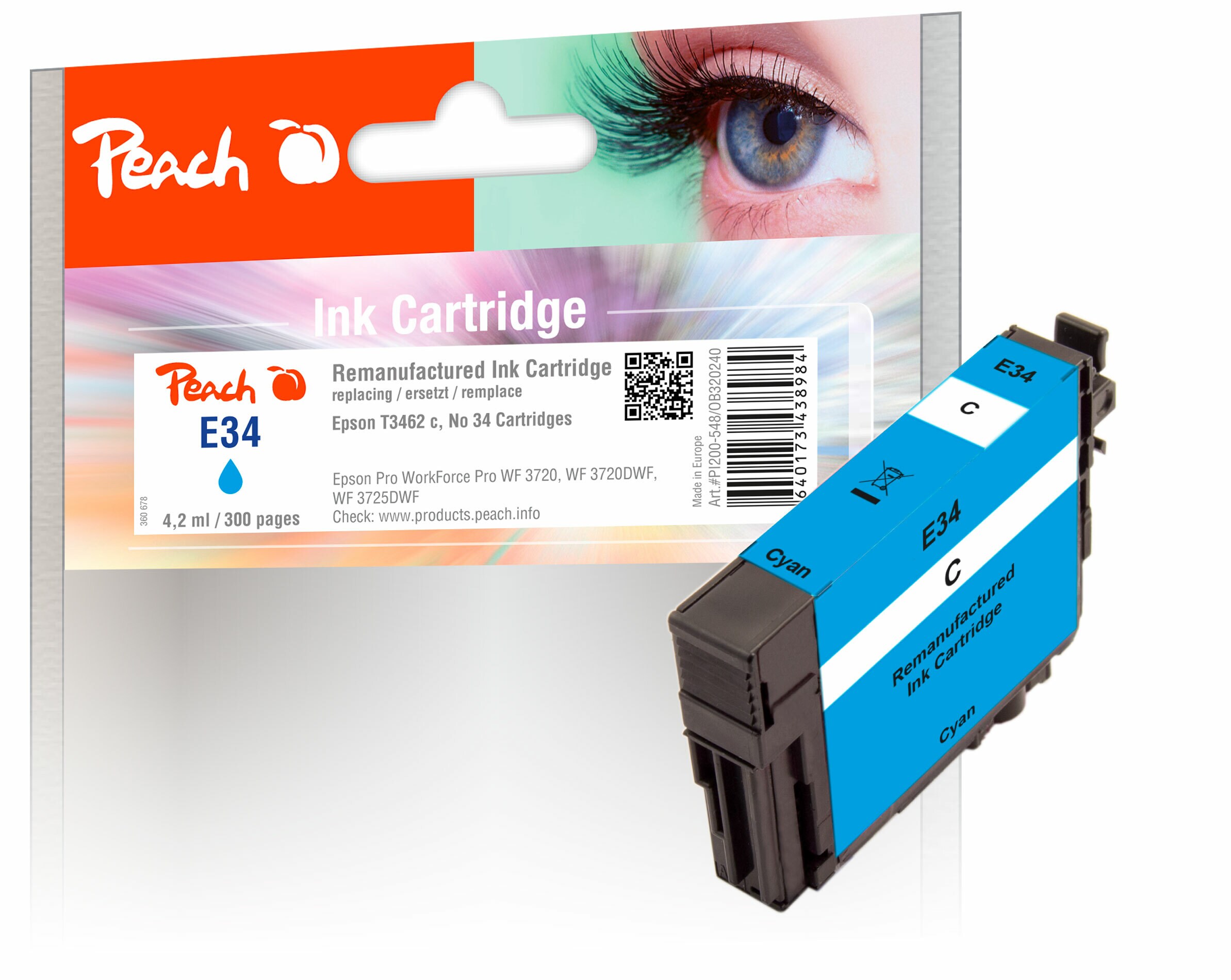 Peach E34Druckerpatrone cy ersetzt Epson T3462, No. 34 c, C13T34624010 für z.B. Epson WorkForce Pro WF -3700, Epson WorkForce Pro WF -3720 DW (wiederaufbereitet)