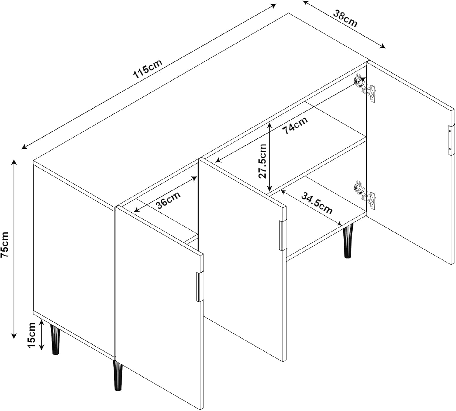 [en.casa] Sideboard Starvili Kommode mit 3 Türen Mehrzweckschrank 75 x 115 x 38 cm Wohnzimmerschrank Buffetschrank Metallbeine Grau