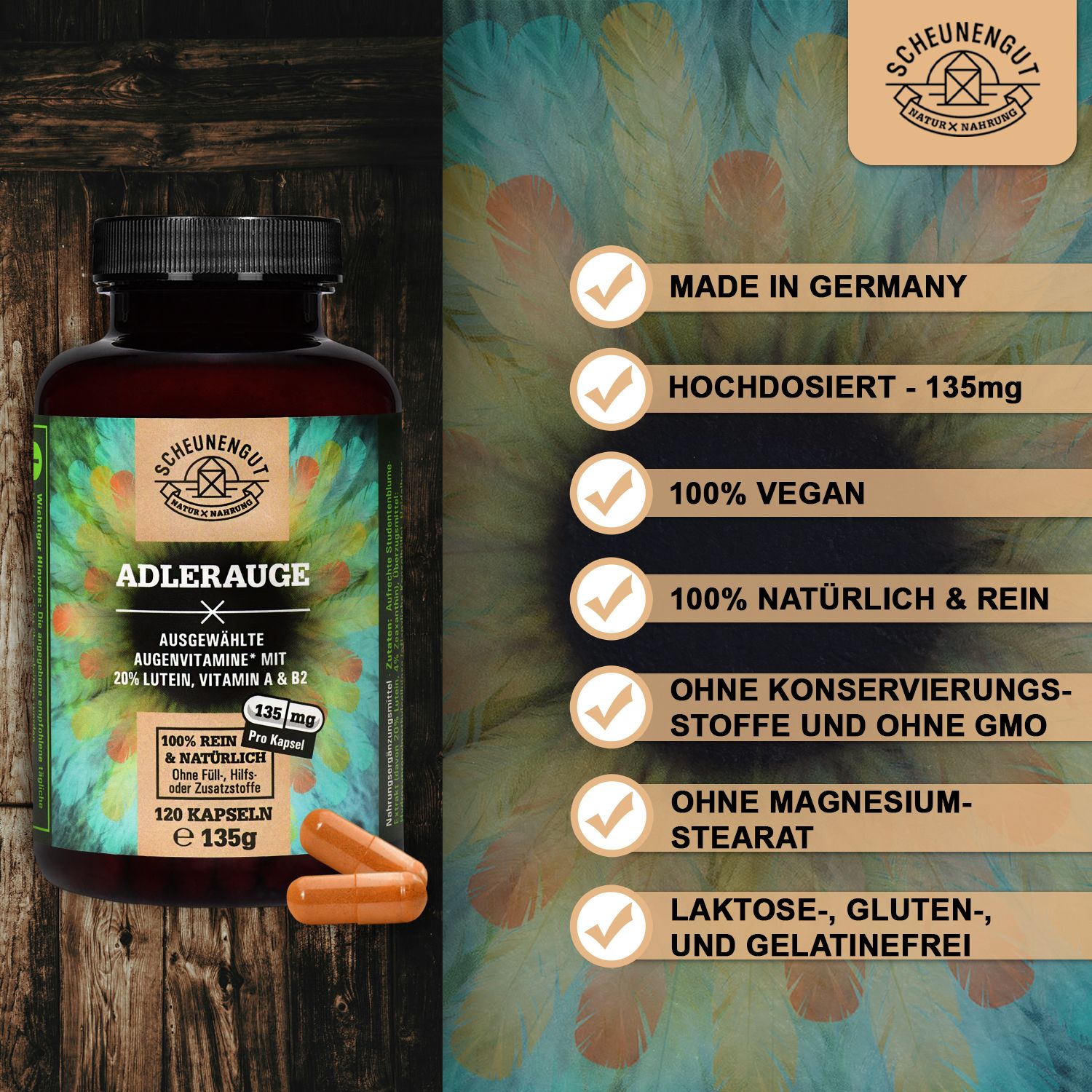 Scheunengut® ADLERAUGE | 20mg Lutein, 4mg Zeaxanthin, Anthocyanidin & ausgewählte Augenvitamine*