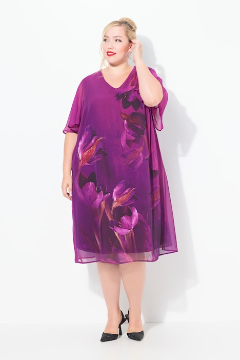 Kleid, Blüten, A-Linie, V-Ausschnitt, Cup-Halbarm