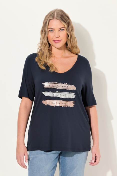 T-Shirt, Metallic-Druck, Slim, V-Ausschnitt, Halbarm