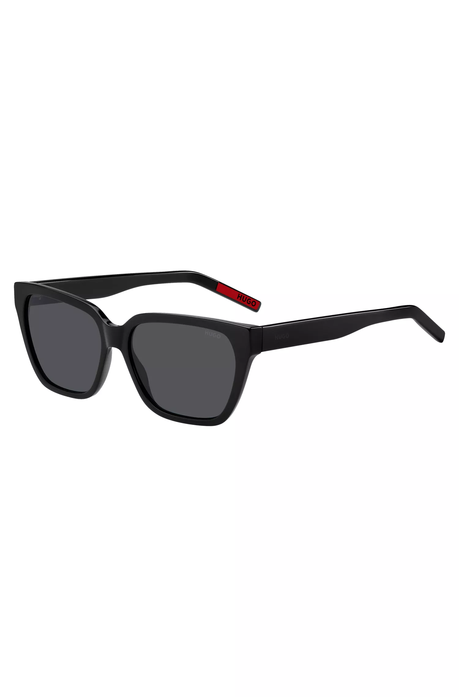 Óculos de sol HUGO em acetato vermelho e preto com hastes personalizadas.