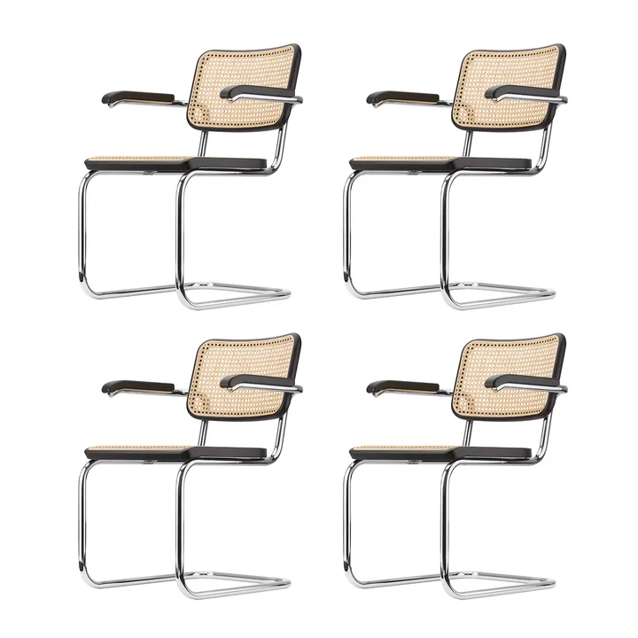 Thonet - S 64 V Armlehnstuhl, Chrom / Buche schwarz gebeizt (TP 29) / Rohrgeflecht mit Kunststoffstützgewebe (4er-Set)