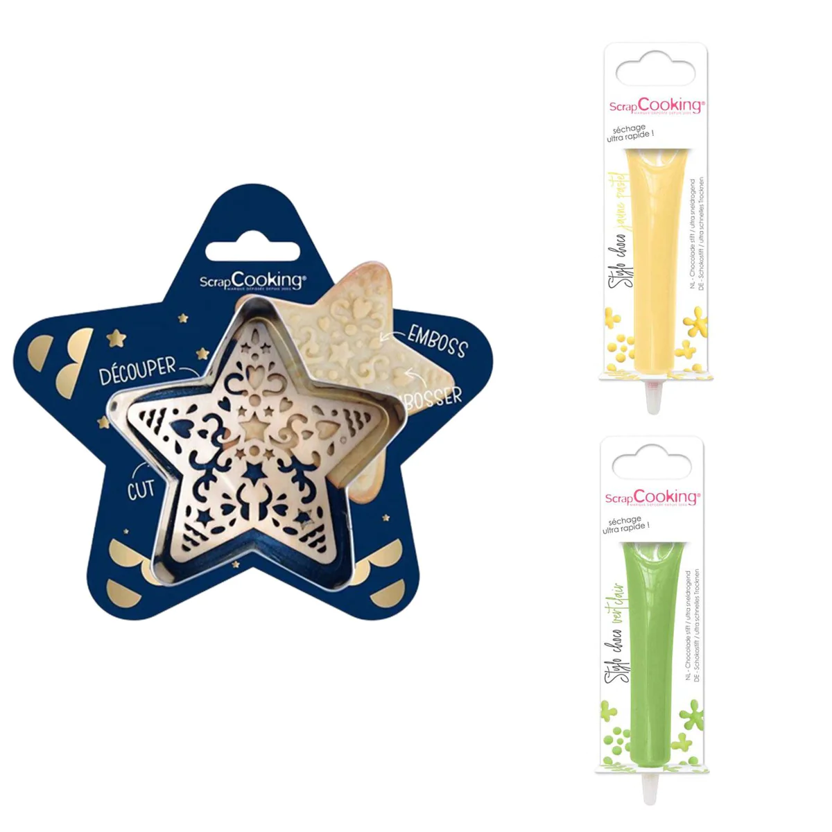 Kit pour biscuit en relief Étoile + 2 Stylos au chocolat jaune pastel
