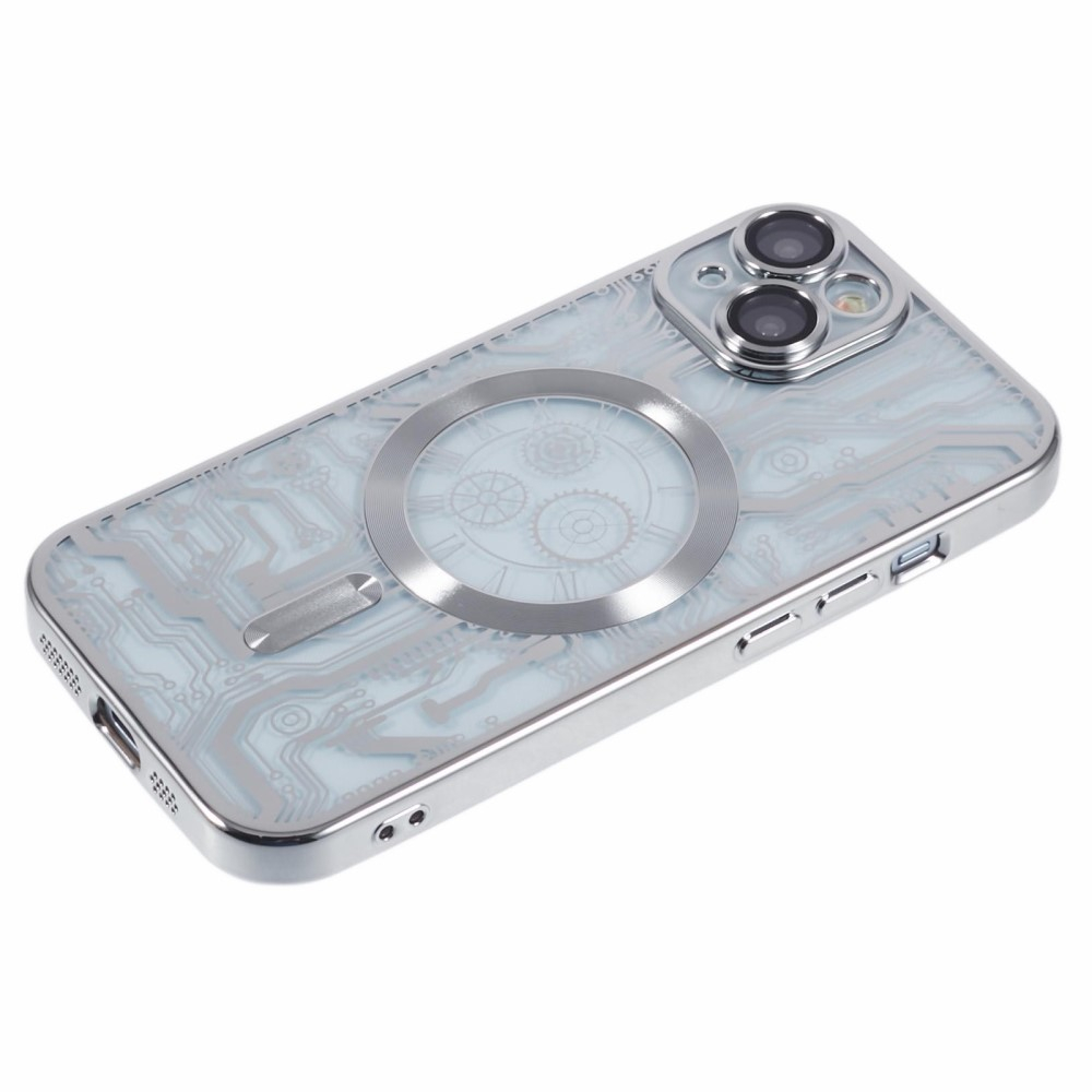 iPhone 15 MagSafe Gummi Case Hülle Galvanisierter Rahmen im Mechanischen Zahnrad Design   Kameraglasschutz - Silber