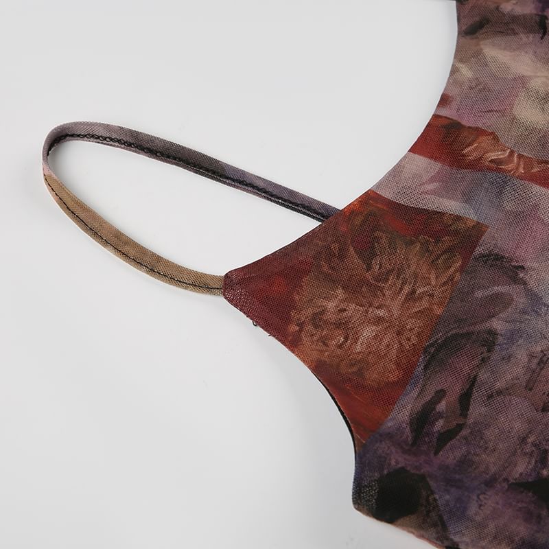 Honey River - Asymmetrische mesh midi-A-lijnjurk met spaghettibandjesprint