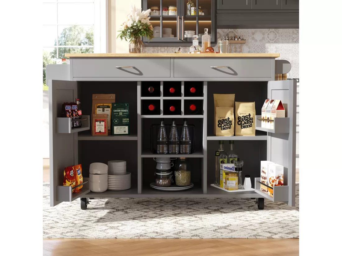 Ilot central de cuisine mobile avec 2 tiroirs, 2 portes et casier à vin 6 bouteuille - 102x45x92cm - MDF et métal - Gris