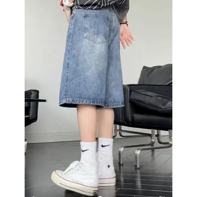 Areumdaun - Mid Rise Washed Wide Leg Denim Shorts