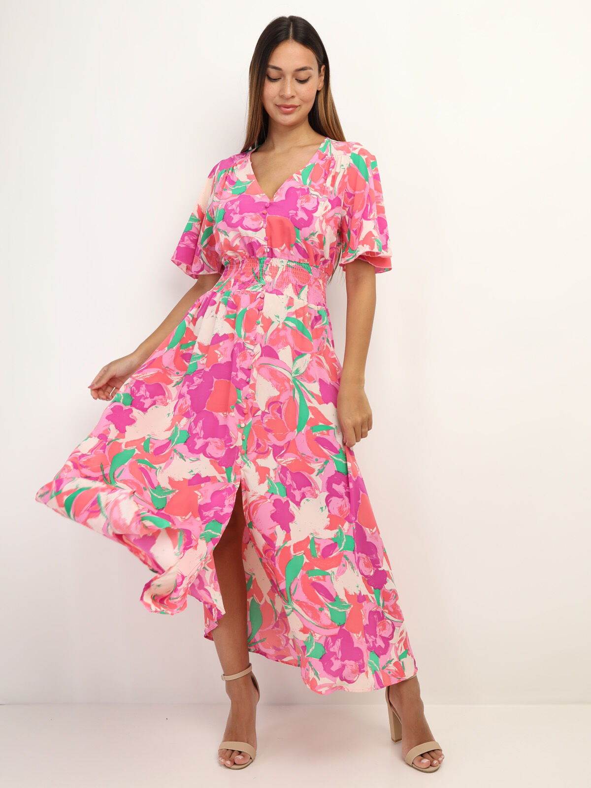 Robe à fleurs fendue à boutons- Rose
