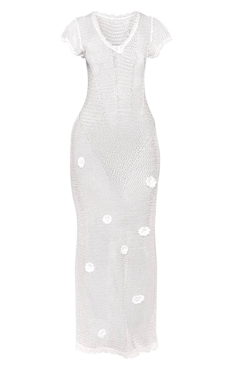 Crème Robe Longue Moulante En Maille À Encolure En V Et Appliqués Floraux Petite