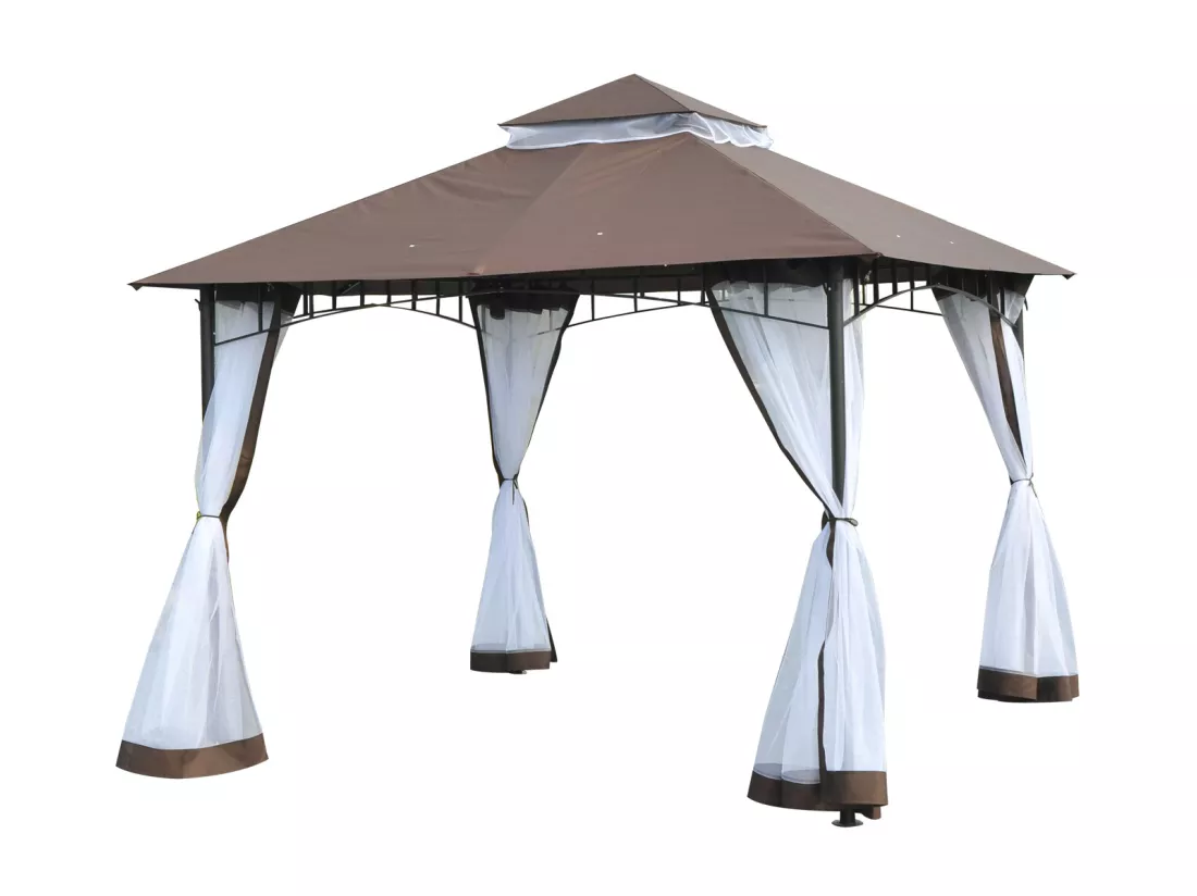 Tonnelle barnum style colonial double toit toile moustiquaires amovibles 3L x 3l x 2,7H m métal époxy polyester chocolat et blanc
