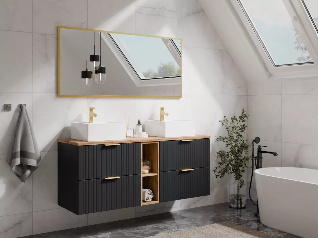 Meuble sous vasque suspendu strié avec niches - Noir et naturel clair - L140 cm - ZEVARA