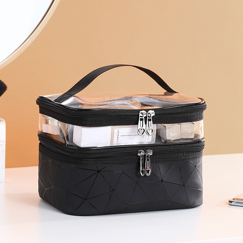 (16x23x17cm) Kosmetik Make Up Tasche Necessaire Organizer Bag mit Transparentem Fach - Schwarz / Transparent