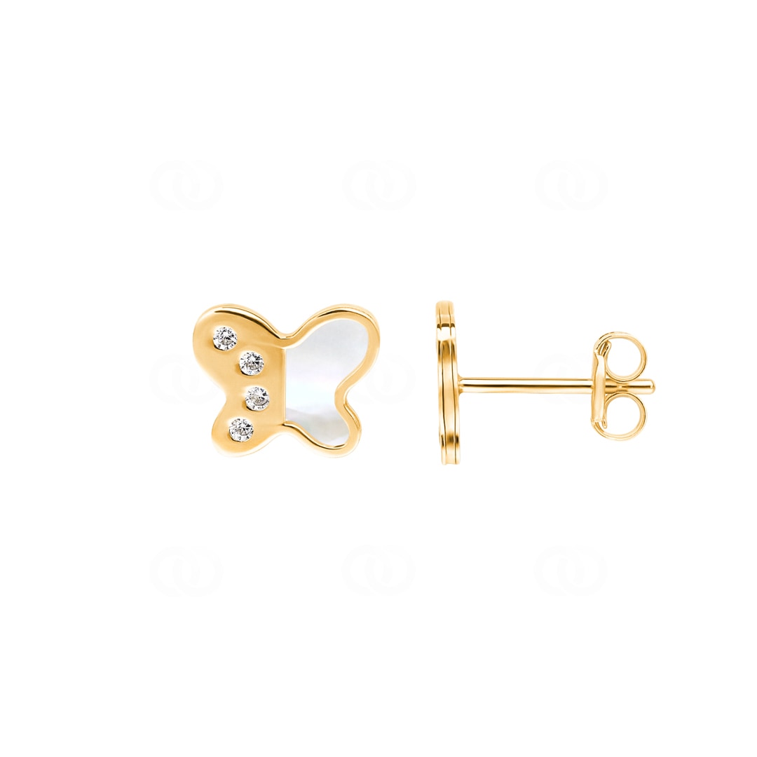 Ohrstecker 750/18 K Gelbgold Schmetterling mit Zirkonia & Perlmutt