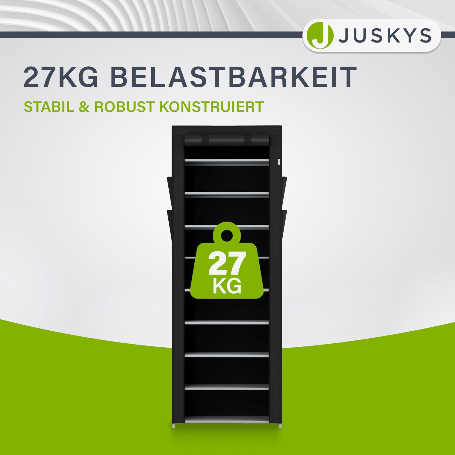 Juskys Schuhschrank M Schwarz mit 9 Ebenen, geschlossen, Stoff-Bezug wasserabweisend, Stecksystem