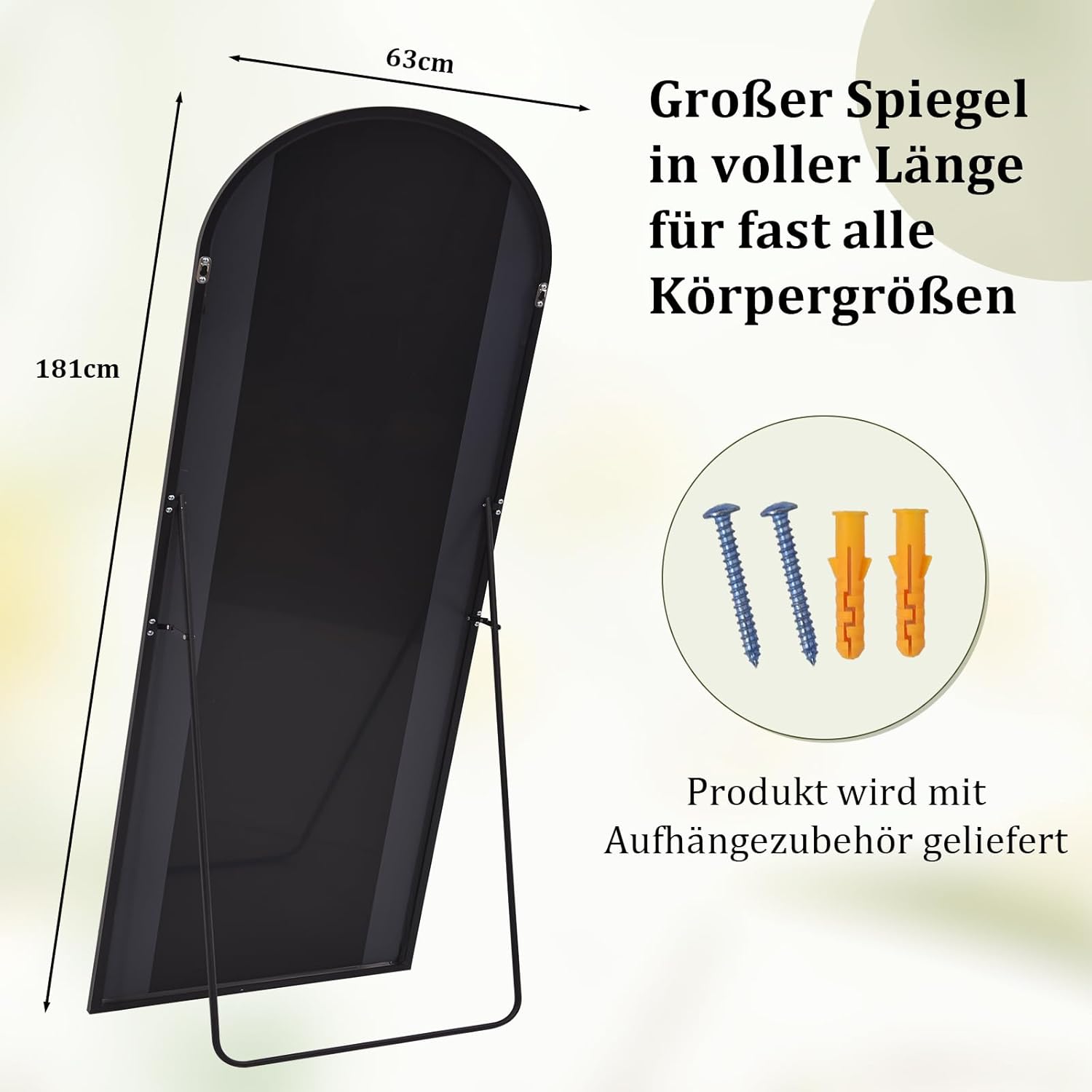BEAUTYPEAK 181x63 cm Großer Bogen Ganzkörperspiegel, Gewölbter Standspiegel hängend oder lehnend an die Wand, groß Bodenspiegel mit Ständer für Schlafzimmer, Wohnzimmer oder Ankleidezimmer, Schwarz
