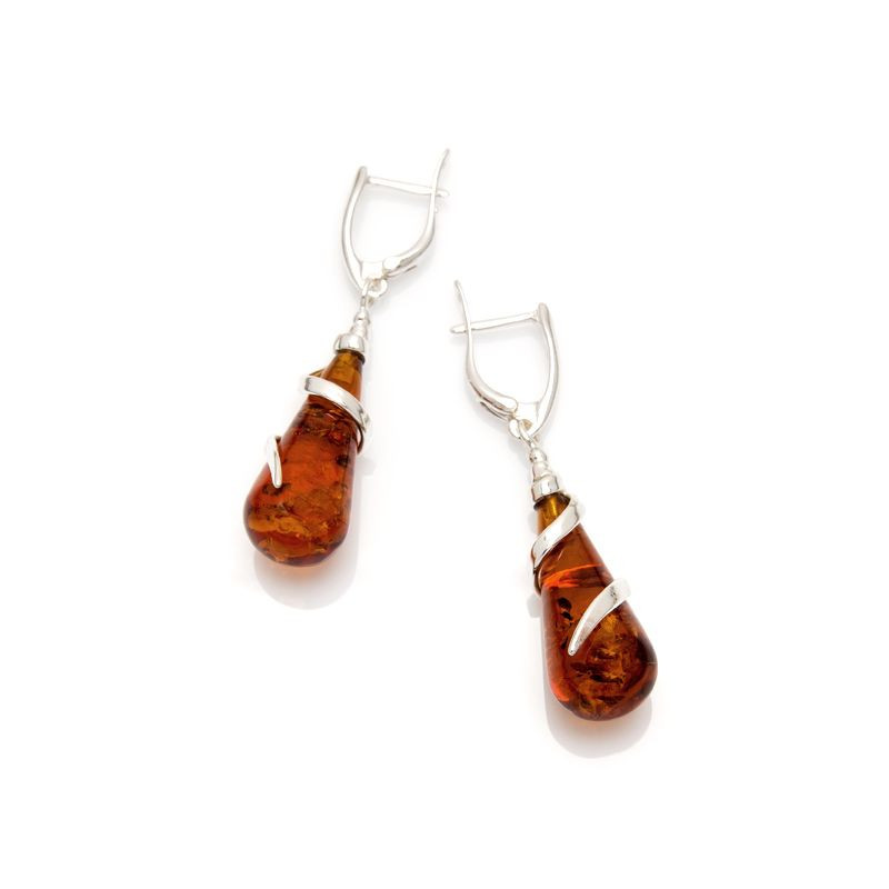 Boucle d'oreille argent ambre cognac