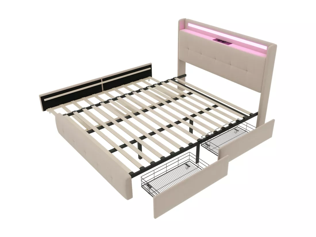 Lit double rembourré 160x200 cm Lit adulte avec lit gigogne éclairage LED 2 tiroirs ports USB et sommier à lattes - beige